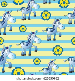 Funny Zebra. Zoo. Seamless pattern with zebras and blue flowers on a striped background. Cute Wallpapers for babies and children. Background yellow-blue. Design for textiles.