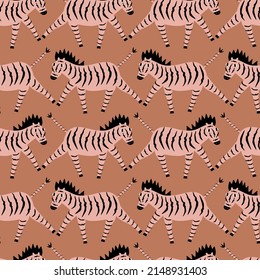 Graciosa ilustración vectorial de cebras dibujada a mano. Caracteres pequeños en estilo plano. Patrón de animales africanos sin soldadura.