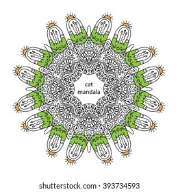 funny zentangle cat  mandala - coloring book page for adults