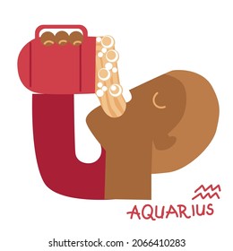 Funny Zodiac Aquarius Sign. Comic Aquarius horoscope symbol. Human drinks beer. Flat cartoon style sketch vector illustration