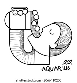 Funny Zodiac Aquarius Sign. Humorous Aquarius horoscope symbol. Human drinks beer. Line art sketch vector illustration