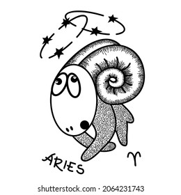 Funny Zodiac Aries Sign. Ram horoscope symbol. Line art sketch vector illustration