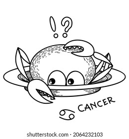 Funny Zodiac Cancer Sign. Cancer horoscope symbol. Crayfish. Crab on a plate thinking. Line art sketch vector illustration