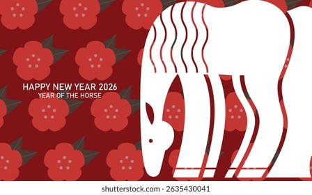 Funny zodiac horse in minimalist style. Chinese new year of the horse 2026 greeting card with floral pattern background.