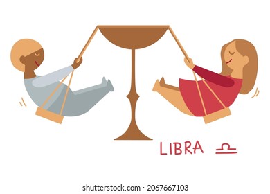 Funny Zodiac Libra Sign. Comic Libra horoscope symbol. Children swing in swings. Scales. Flat cartoon style sketch vector illustration