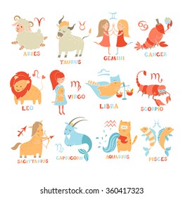 Funny zodiac set. Hand drawn. Colored vector illustration isolated on white background. 