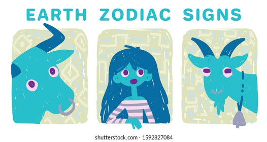 Funny zodiac signs. Colorful vector illustration of earth group of zodiac signs in hand-drawn sketch style isolated on white background. Zodiacal characters. Print design, prediction, horoscope.