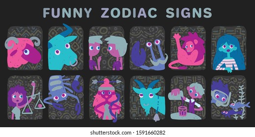 Funny zodiac signs. Set. Colorful vector illustration of all zodiac signs in hand-drawn sketch style isolated on dark background. Zodiacal characters. Collection. Print design, prediction, horoscope.
