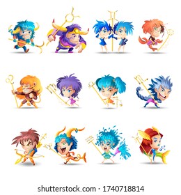 Funny zodiac signs. Set. Colorful vector illustration of all zodiac signs isolated on white background. Zodiacal cute funny cartoon characters. Collection. Print design, prediction, horoscope