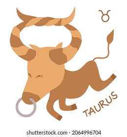 Funny Zodiac Taurus Sign. Comic Bull horoscope symbol. Flat cartoon style sketch vector illustration