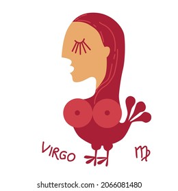 Funny Zodiac Virgo Sign. Comic Virgin horoscope symbol. Flat cartoon style sketch vector illustration