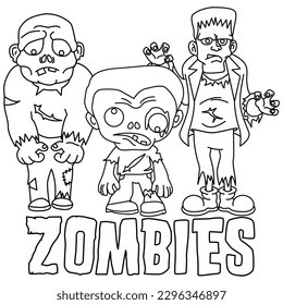 Funny zombie cartoon characters vector illustration. For kids coloring book.