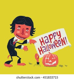 Funny zombie man in a suit goes on a Halloween party. Happy Halloween invitation postcard or poster illustration.