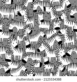 Funny Zoo animals. Herd of zebras in a doodle style. Black and white vector seamless pattern