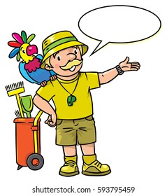 Funny zoo keeper or zoologist. A man dressed in panama hat, t-shirt and shorts with parrot and the service cart. Profession series. Childrens vector illustration. With balloon for text