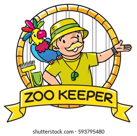 Funny zoo keeper or zoologist. A man dressed in panama hat, t-shirt and shorts with parrot and the service cart. Profession ABC series. Childrens vector illustration. Emblem