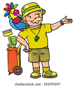 Funny zoo keeper or zoologist. A man dressed in panama hat, t-shirt and shorts with parrot and the service cart. Profession ABC series. Childrens vector illustration.