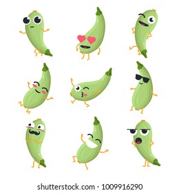 Funny zucchini - vector isolated cartoon emoticons. Cute emoji set with a nice character. A collection of an angry, surprised, happy, in love, crazy, laughing, sad vegetable on white background