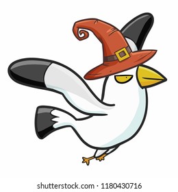 Funnya and cute seagull flying with witch hat for Halloween - vector.