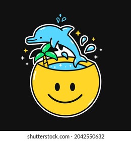 Funnyhappy  smile face with jump dolphin,palm,sea inside. Vector hand drawn doodle 90s style cartoon character illustration.Positive smile face,good mood,vacation,sea,dolphin,happy mind concept