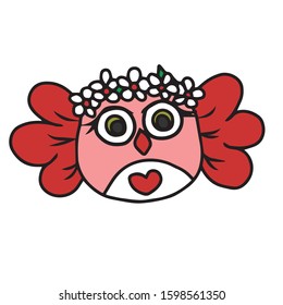 Funny-kawaii owl with a wreath of flowers on his head and a heart on his belly. Vector illustration.Form for banners, postcards. Animal.
