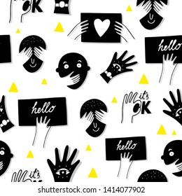 Funnymale faces seamless pattern in black and white colors. Vector endless illustration in doodle style for wallpaper, wrapping paper and surface design.