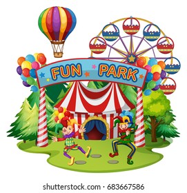 Funpark scene with clowns and rides illustration