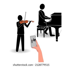 Funs Recording with Smartphone Performance of Violine and Piano Concert. Stick Figure Pictogram Icon 