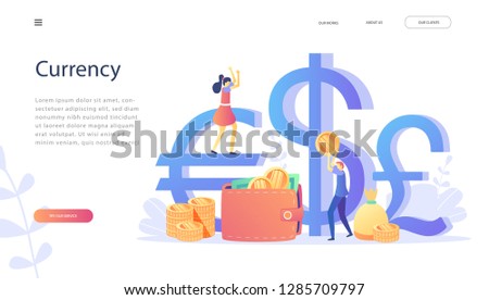 Funt Sterling, Euro, Dollar signs with happy people holding money in hands.Concept for landing page, template, ui,web, social media, mobile app, poster, banner. Currency, exchange rate, salary payment
