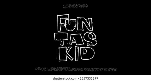 Funtaskid is Doodle children font, vector cartoon funny alphabet, hand drawn scribble kid typescript numbers. School wax crayon abc cute kindergarten handwriting playful letters, digits. Color pencil 