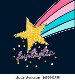 Funtastic slogan and hand drawing rainbow with sequins vector.