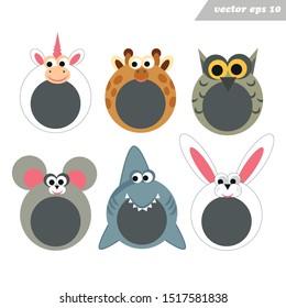 Funy cartoon happy animal face masks.Place for face and foto. Mobile app masks.Fotoframe. Simple stickers. Plush costume for carnival, birthday, party.