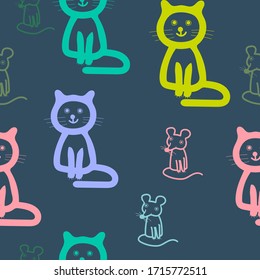 Funy cat and mouse on dark blue background. Children's vector seamless pattern. Can be used in textile, wrapping papper.