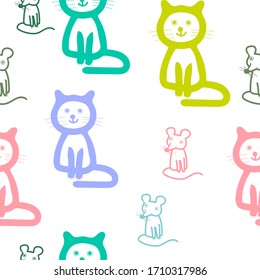 Funy cat and mouse on white background. Children's vector seamless pattern. Can be used in textile,wrapping paper,background ,web page background.