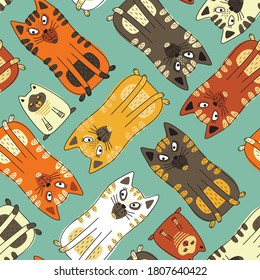 Funy cats - Seamless pattern . Background for fabric, textile, wallpaper, posters, gift wrapping paper, napkins, tablecloths, pajamas. Print for kids, baby, children