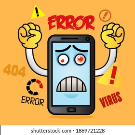 Funy cellphone with warning virus alert concept. Crazy mobile.  Cartoon scared smart phone.