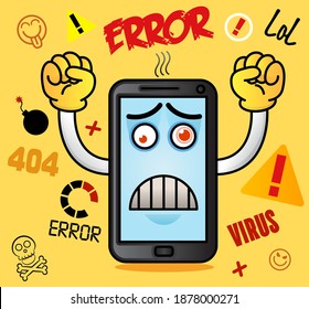 Funy cellphone with warning virus alert concept. Crazy mobile. Cartoon scared smart phone.