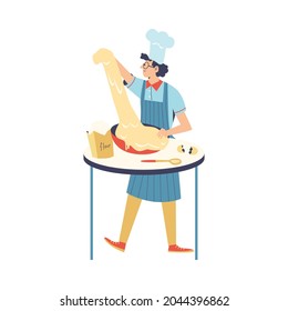 Funy cook male cartoon character kneads dough, flat vector illustration isolated on white background. Pizza maker chief or baker man doing dough for pizza or bread.