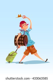 Funy guy with a lot of bags going to summer break. Vector illustration