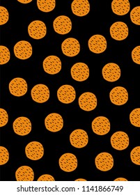 Funy Hand Drawn Abstract Geometric Vector Pattern.Orange Dots of Irregular Shape on a Black Background.Orange Dots with Brushed Lines Inside.Simple Geometric Repeatable Vector Design. Halloween Layout