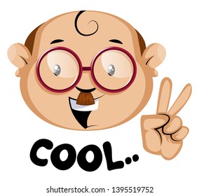 Funy human emojy with a cool symbol and letters, illustration, vector on white background.