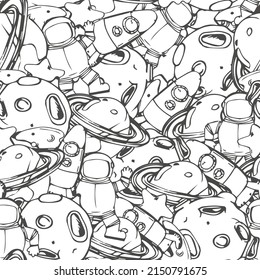 Funy space seamless pattern with rocket, moon, planets and stars isolated on white background. Childish sketch style vector illustration. Seamless pattern with cosmic elements.