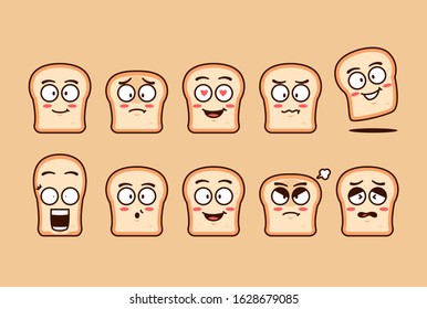 Funyn flat plain bread cartoon character mascot emoji emotion expression set