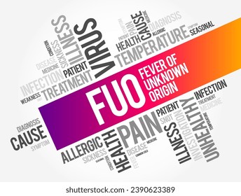 FUO Fever of Unknown Origin - condition in which the patient has an elevated temperature but, despite investigations by a physician, no explanation has been found, word cloud concept background