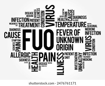 FUO Fever of Unknown Origin - condition in which the patient has an elevated temperature but, despite investigations by a physician, no explanation has been found, word cloud concept background