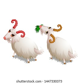 Fur animated horned goat eating grass isolated on white background. Vector cartoon close-up illustration.