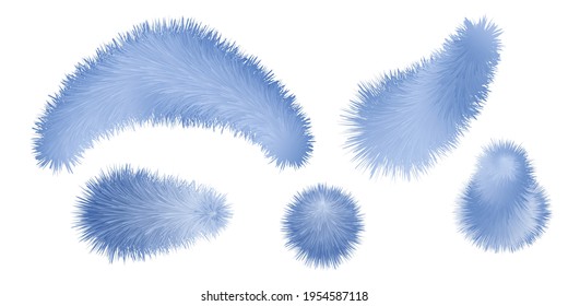 Fur blue pompom and brush set. Fluffy furry texture, set of various shapes isolated on white background. Vector illustration