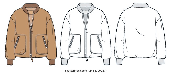 Fur Bomber Jacket technical fashion Illustration. Teddy Fur Jacket fashion technical drawing template, front zipper, pocket, front and back view, white, camel brown, women, men, unisex CAD mockup set.