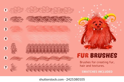 Fur brushes collection. isolated artistic strokes on background. Vector textured hand drawn brushes set for creating fur, hair, fluffy creatures. Swatches included. Eps 10. Abstract design kit.