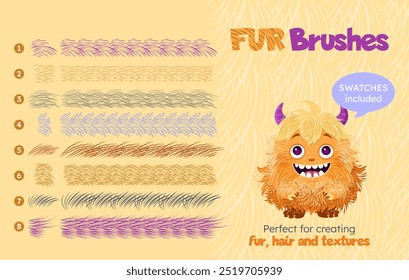 Fur brushes collection. isolated artistic strokes on background. Vector textured hand drawn brushes set for creating fur, hair, fluffy creatures. Swatches included. Design kit with discrete brushes.